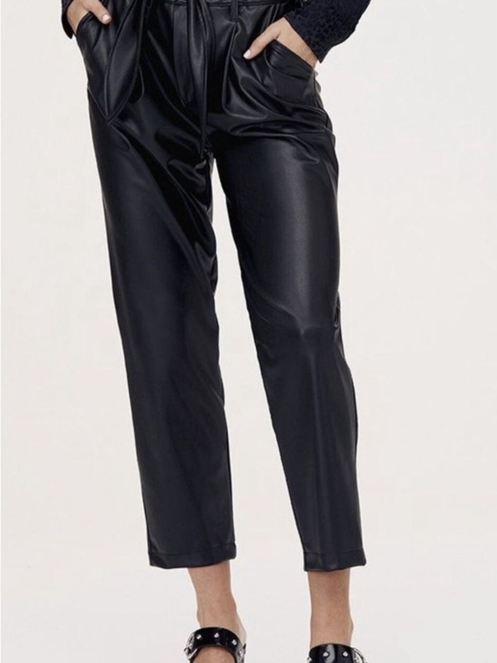 David Lerner Black Faux Leather Cropped Jogger Pants